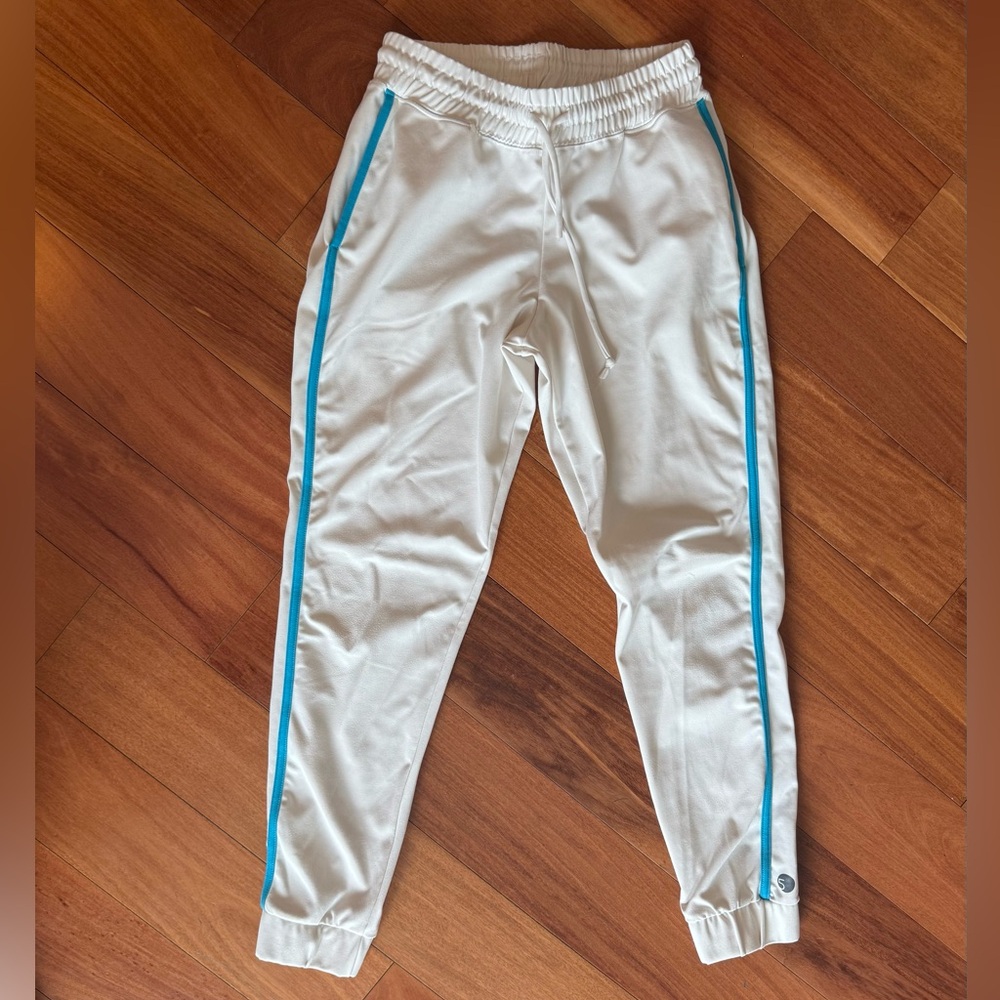 5 Dancewear jogger, Bone with blue & Burgundy Stripes, elastic- drastring waist